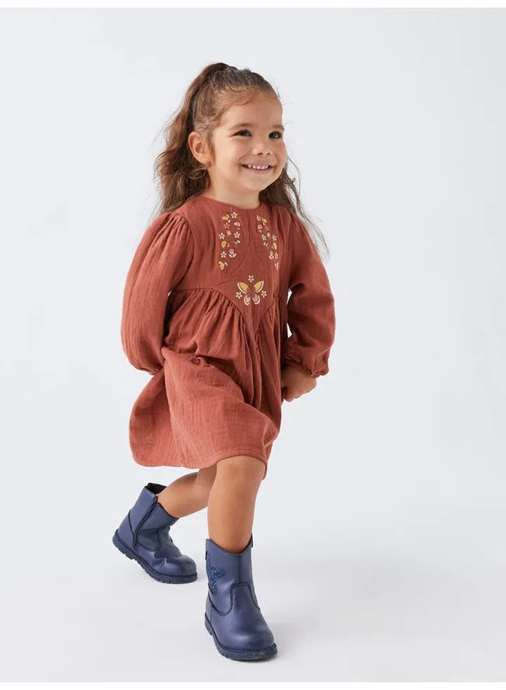 Crew Neck Long Sleeve Embroidery Detailed Baby Girl Dress