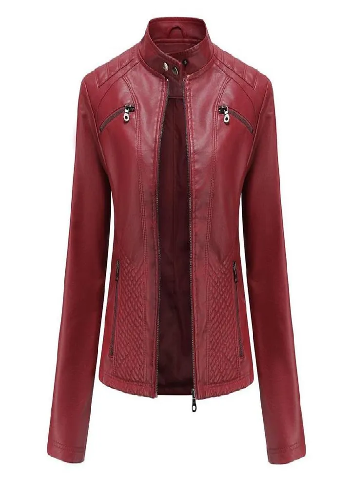 Spring and Autumn Women's Fashion Leisure Stand Collar Leather Jacket European and American Slim Fit Solid Color Jacket