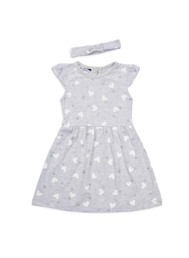 Grey hearts printed dress with head band.
