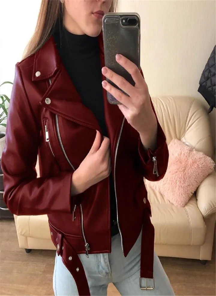 Women Cool Faux Leather Jacket Long Sleeve Zipper Fitted Coat Fall Short Jacket