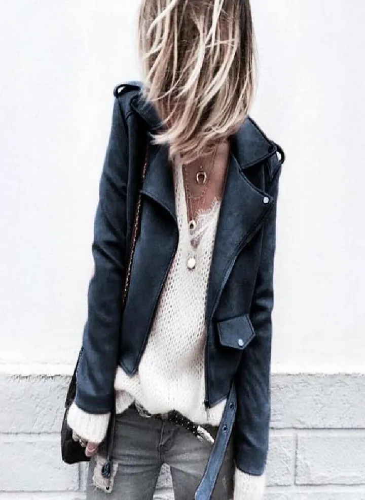 Women's Casual Autumn Faux Suede Slim Zippers Coat Short Cool Motorcycle Jacket