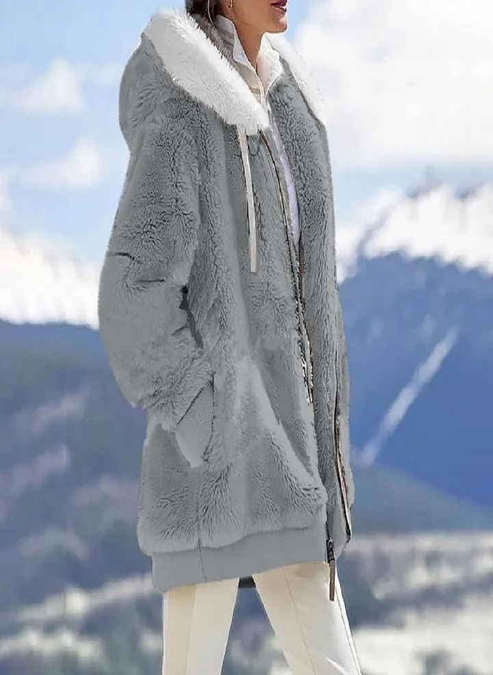 Womens Fashion Soild Winter Loose Plush Long Sleeve Zipper Pocket Hooded Coat
