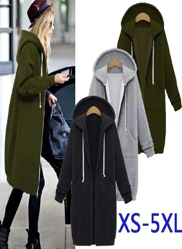 Women Hooded Long Sweatshirts Coat Casual Pockets Zipper Outerwear Jacket