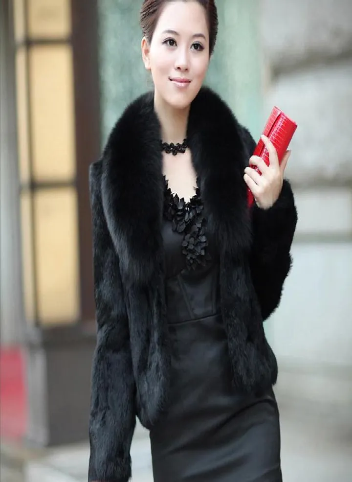 Faux Rabbit Hair Coat Women's Warm Outerwear Autumn Winter Short Faux Fox Fur Collar Coat Jacket Plus Size Overcoat