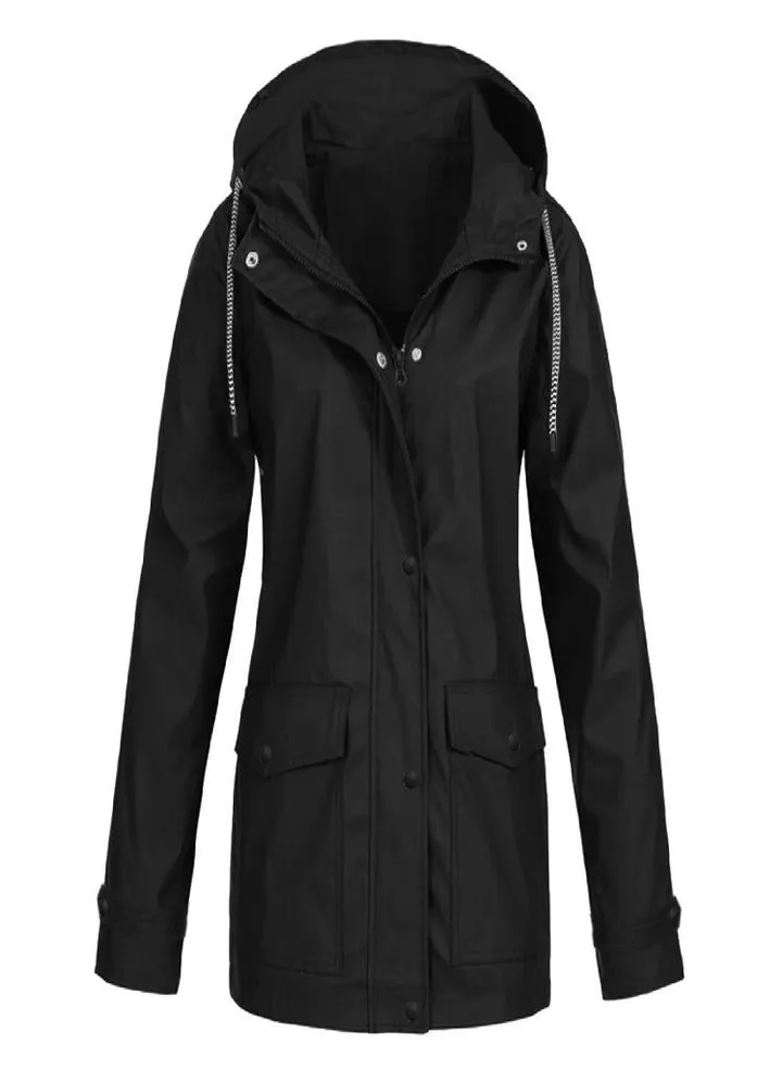 Women Solid Stripe Rain Jacket Outdoor Plus Waterproof Hooded Raincoat Windproof