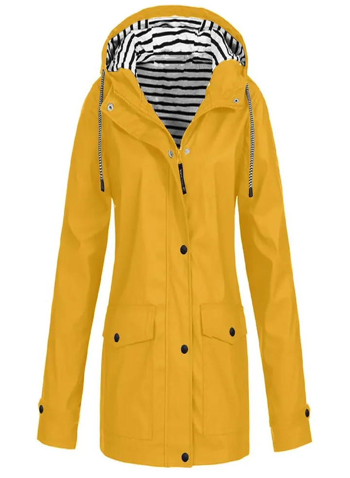 Women Solid Rain Outdoor Plus Waterproof Hooded Raincoat Windproof Jacket Coat