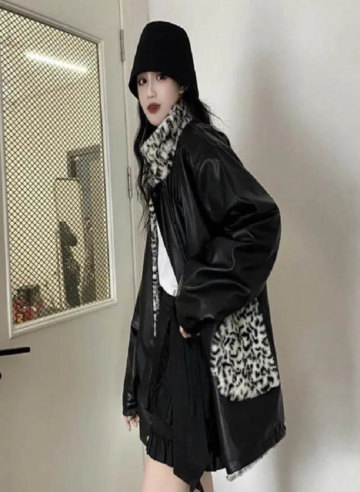 Women Faux Leather Jacket PU Leather Coat Women's Winter Motorcycle Clothing Leopard Print Cotton-Padded Jacket