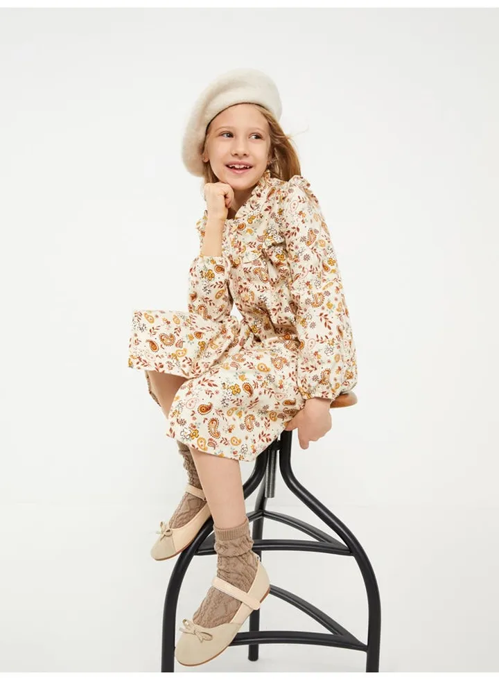Crew Neck Patterned Long Sleeve Gabardine Girl Dress