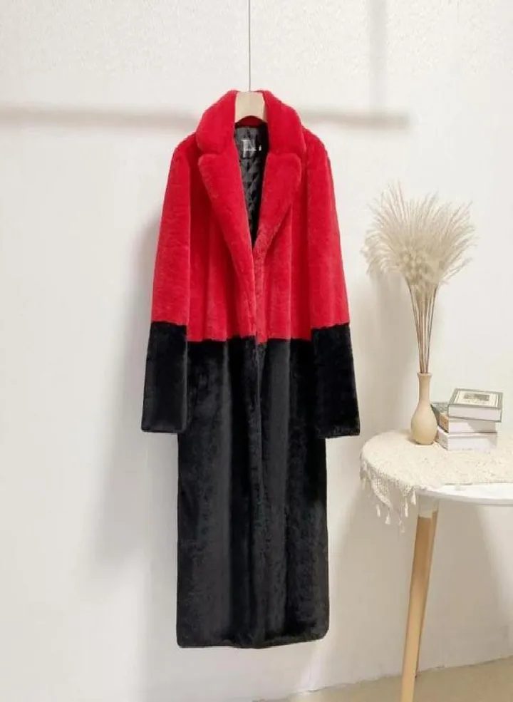 Women Contrast Color Mink Faux Fur Coat Turn Down Collar Winter Fur Lady Long Coat