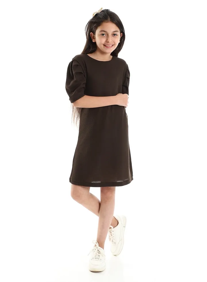 Girls Summer Elegant Round Neck Dress - Brown