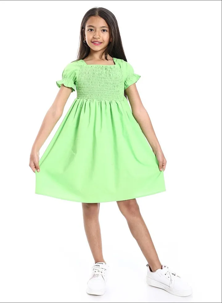 Short Puffed Sleeves Square Neck Lime Green Girls Dress
