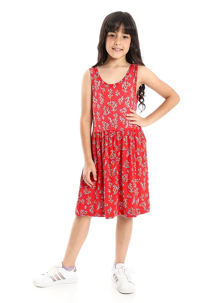 Girls Soft & Comfy Sleeveless Floral Dress - Red