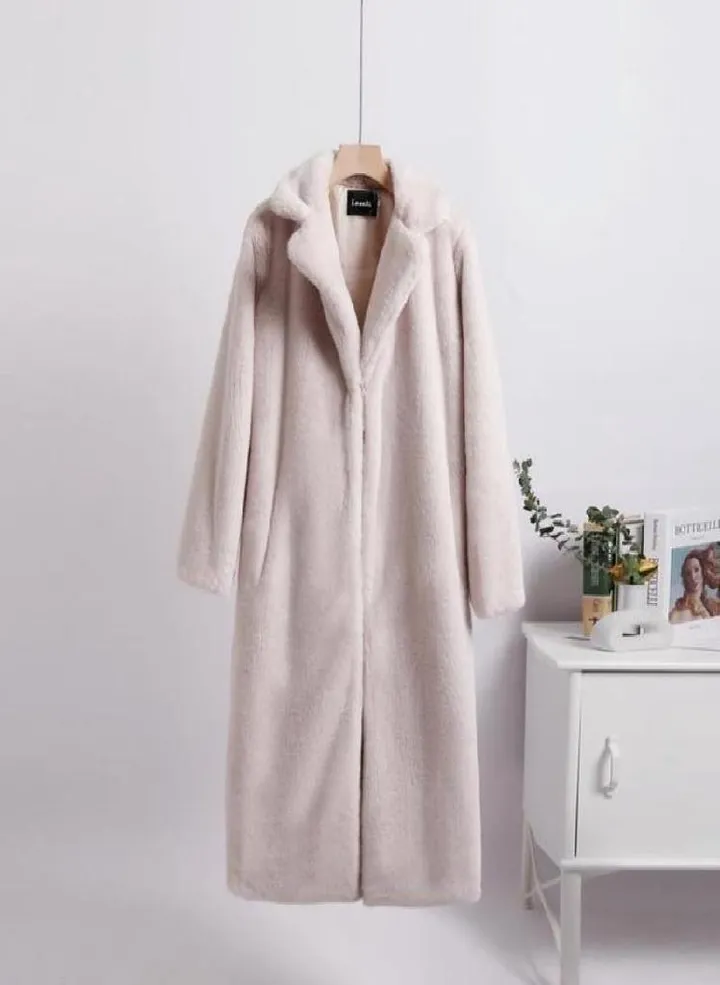 Women Contrast Color Mink Faux Fur Coat Turn Down Collar Winter Fur Lady Long Coat