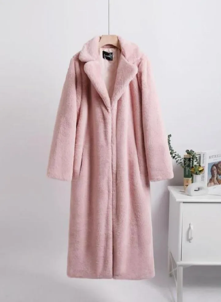 Women Contrast Color Mink Faux Fur Coat Turn Down Collar Winter Fur Lady Long Coat