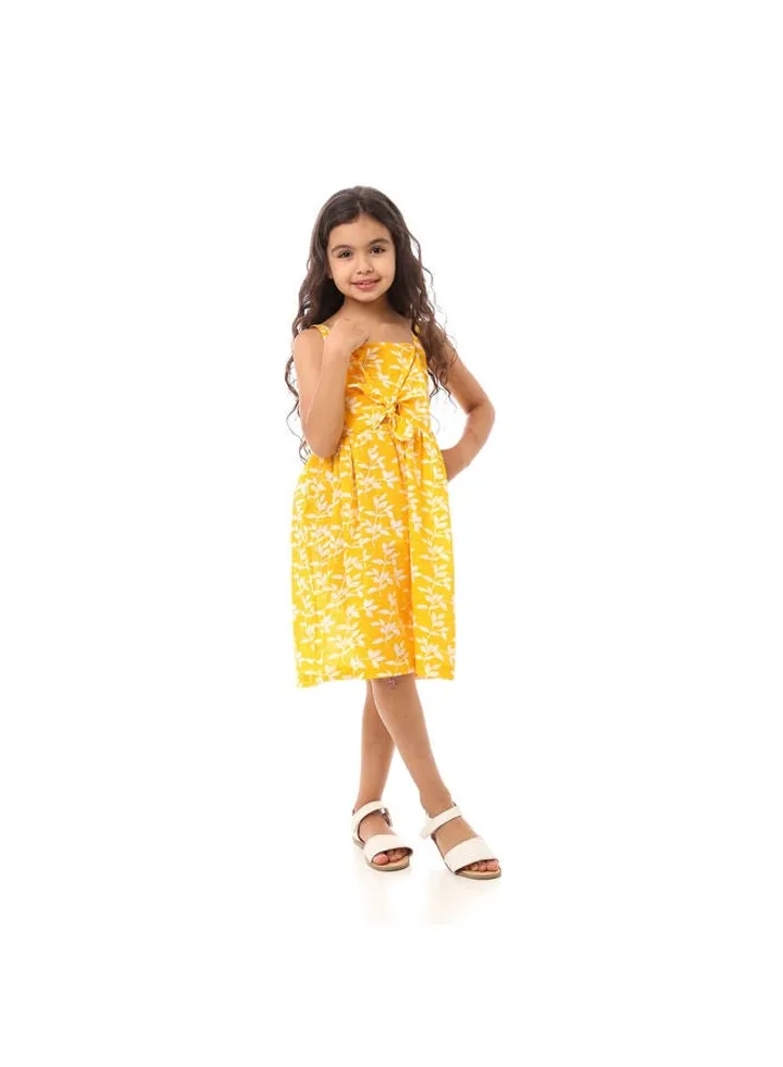 Girls Floral Dress With Square Neck - Yellow