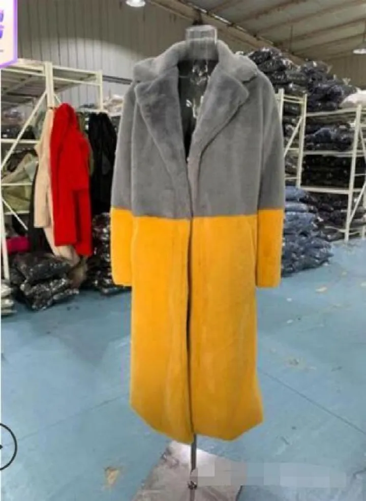 Women Contrast Color Mink Faux Fur Coat Turn Down Collar Winter Fur Lady Long Coat