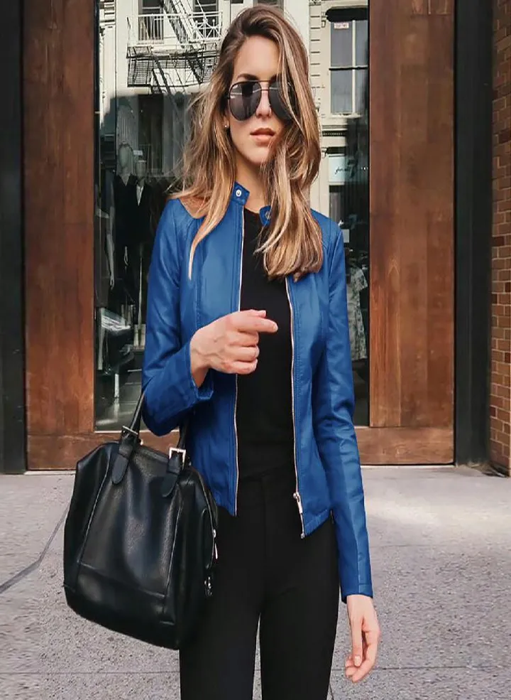 Women Ladies Lapel Motor Jacket Coat Zip Biker Short Punk Cropped Tops