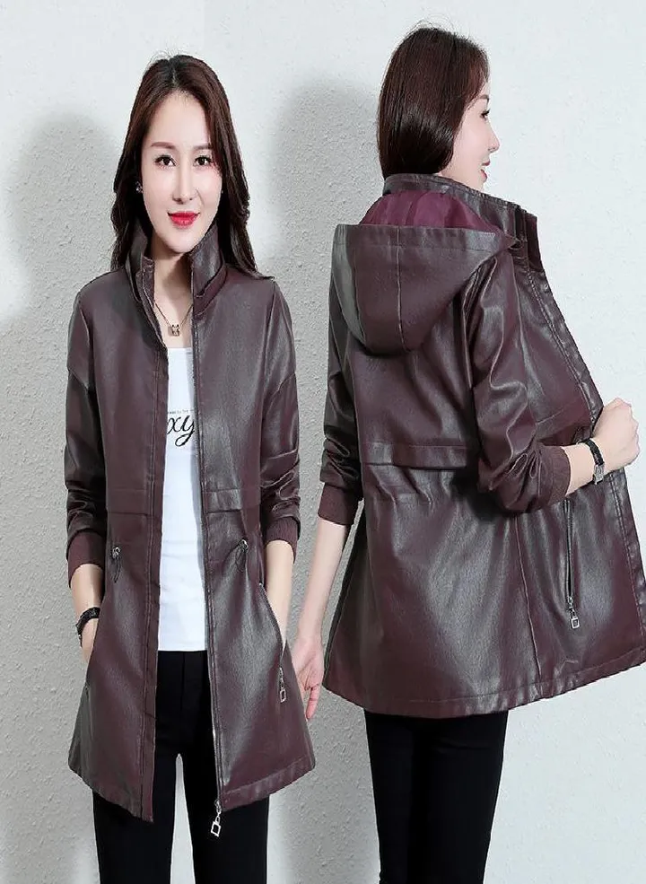 Women 'S Leather Jacket Mid -Length Coat Casual Leather Jacket