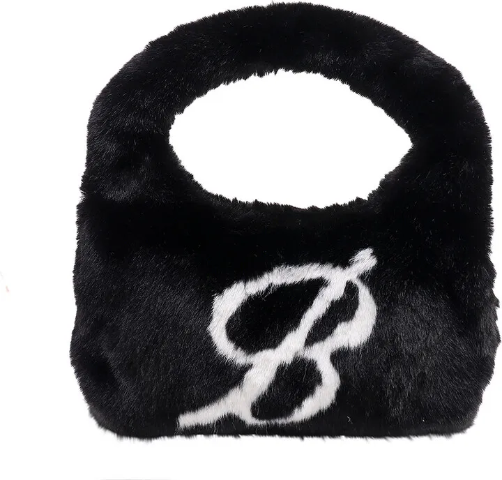 Faux fur shoulder bag with frontal monogram