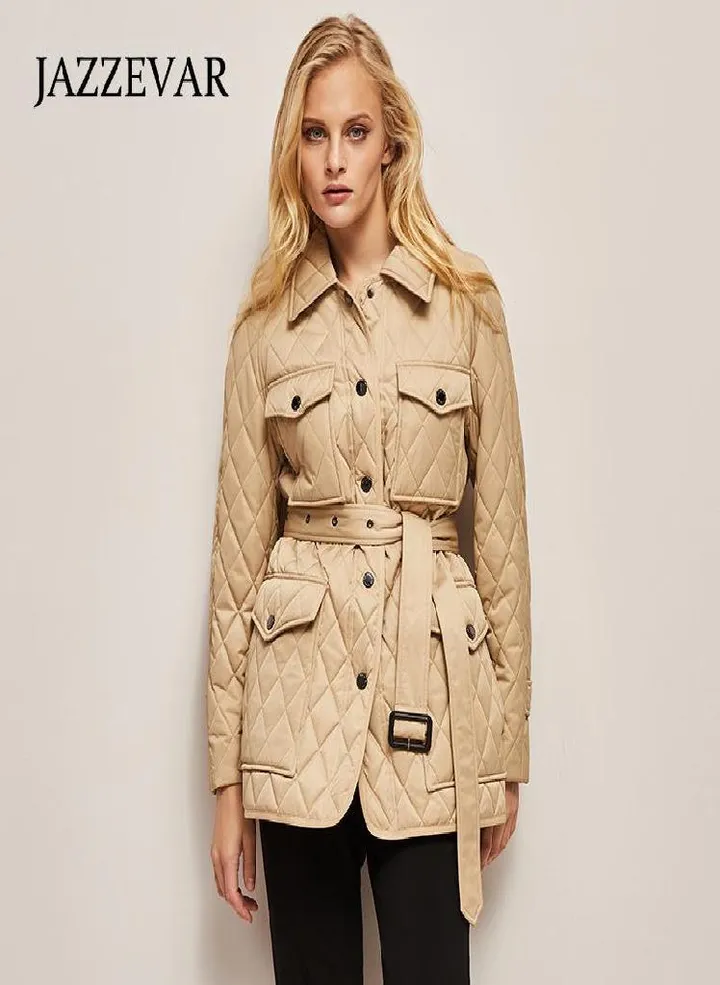 JAZZEVAR Women's Winter New Casual Waist Plaid Coat Classic Mid Length Cotton Jacket