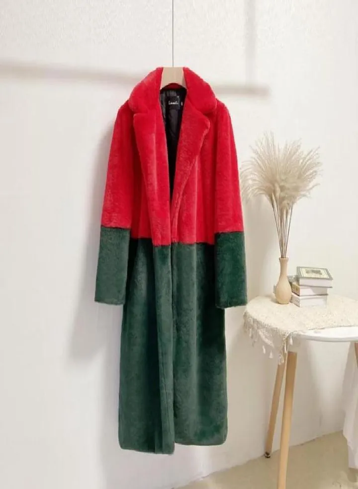 Women Contrast Color Mink Faux Fur Coat Turn Down Collar Winter Fur Lady Long Coat