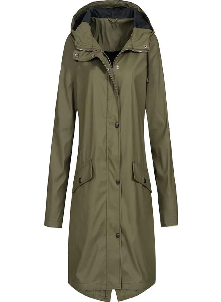 EAR Women Solid Rain Outdoor Plus Size Hooded Raincoat Windproof Long Jacket Coat