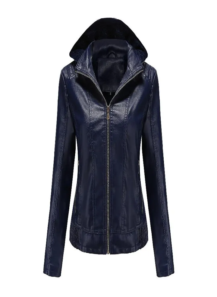 Hooded Leather Jacket Women 'S Zipper Long Sleeve Fleece Leather Jacket European Size Slim Coat