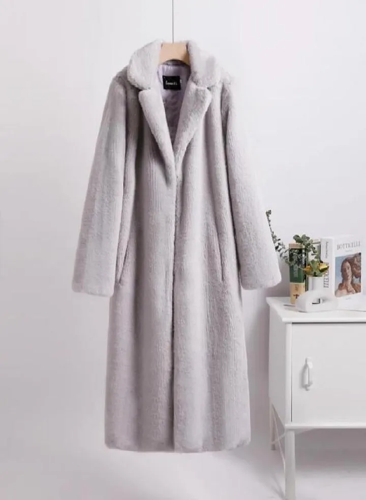 Women Contrast Color Mink Faux Fur Coat Turn Down Collar Winter Fur Lady Long Coat