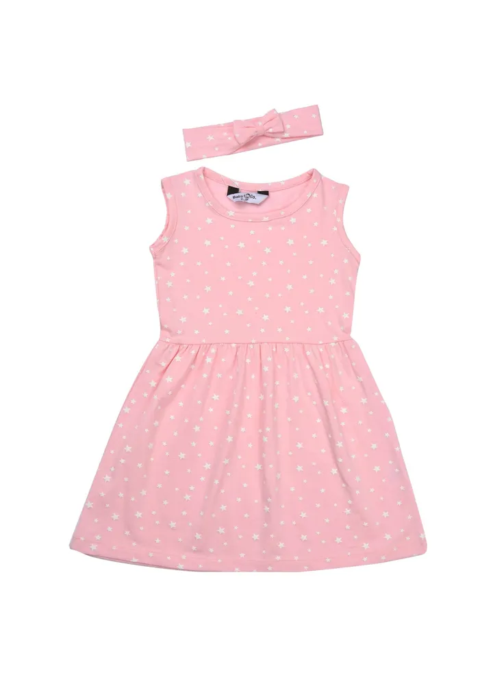Pink stars printed dress with head band.