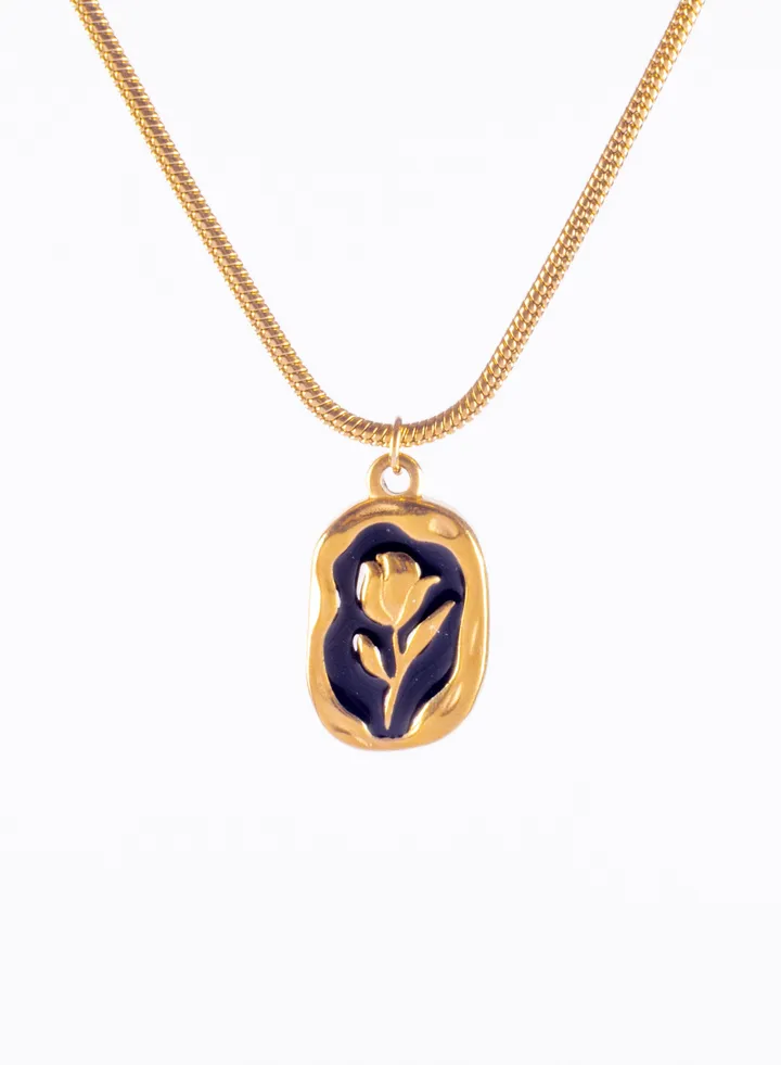 Stainless Steel Golden Necklace with a Rose Pendant Black