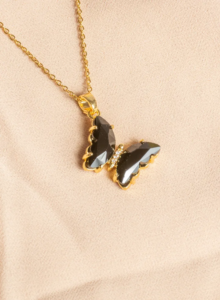 Stainless Steel Necklace Gold with a Black Crystal Butterfly Pendant