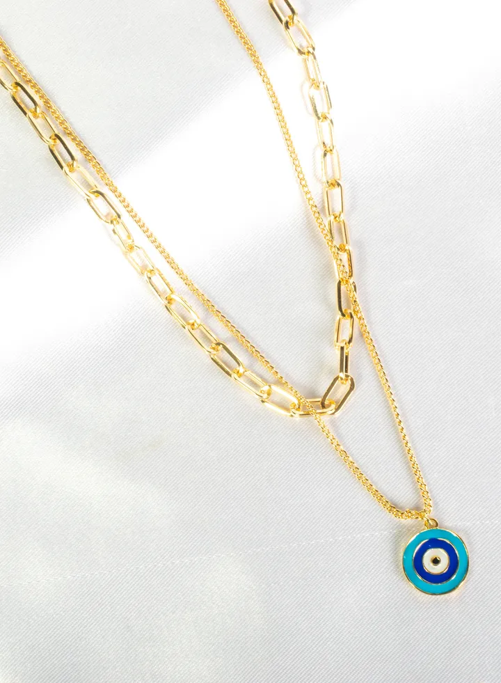 Chinese Gold Necklace gold 2 Layer with Blue Eyes Pendant