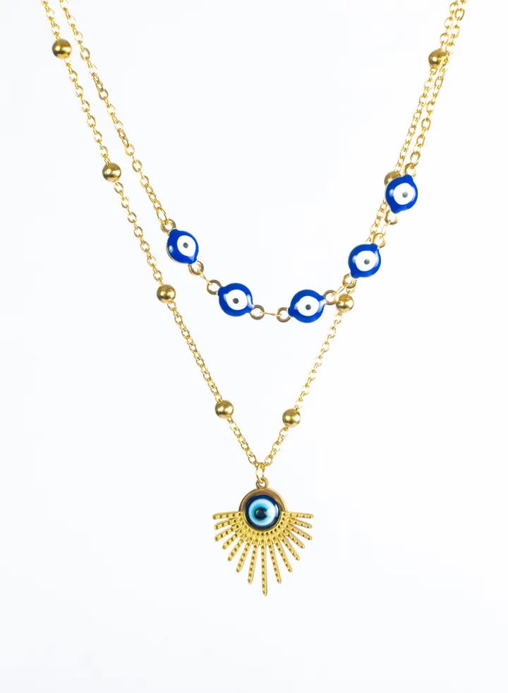 Stainless Steel Necklace 2 Layers with Blue Eye Pendant