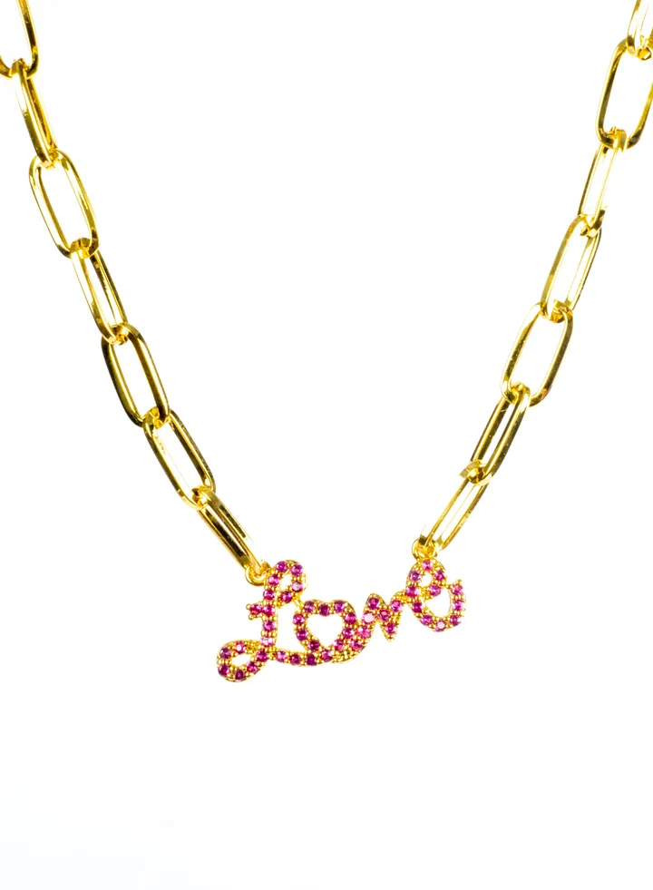 Chinese Gold Necklace Gold with Pink Zirconic Love Word Pendant