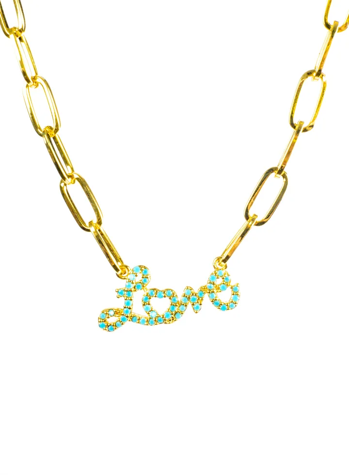 Chinese Gold Necklace Gold with Turquoise Zirconic Love Word Pendant