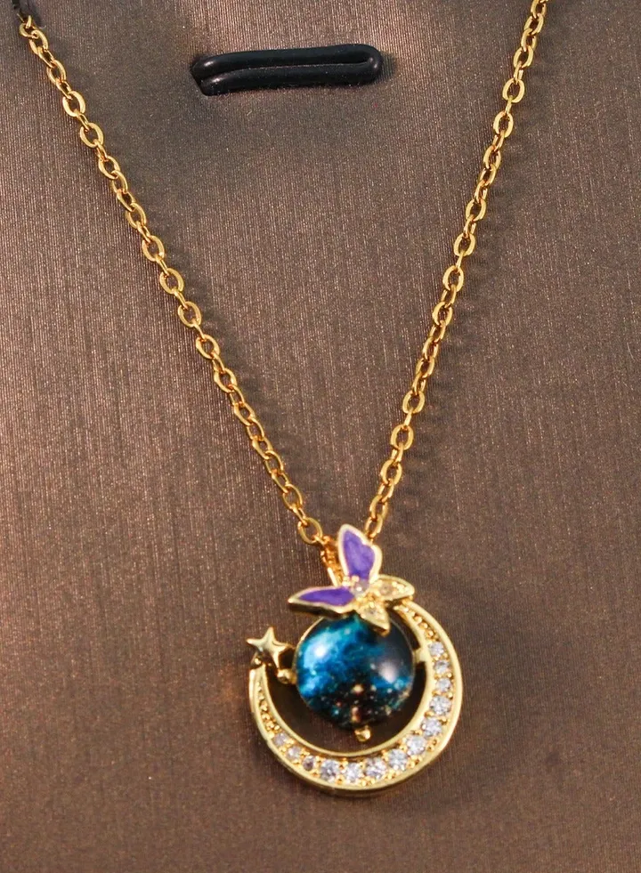 Stainless Steel Necklace Gold with Zirconic Galaxy Purple Butterfly Pendant