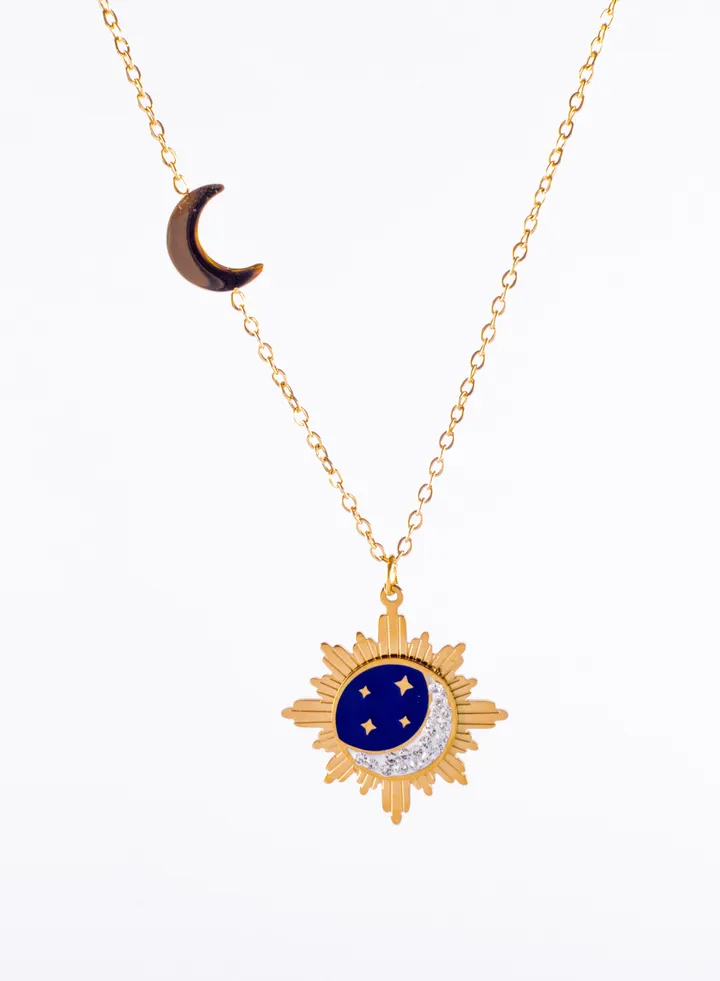 Stainless Steel Necklace Gold Sun, Stars and Moon Zirconic Pendant