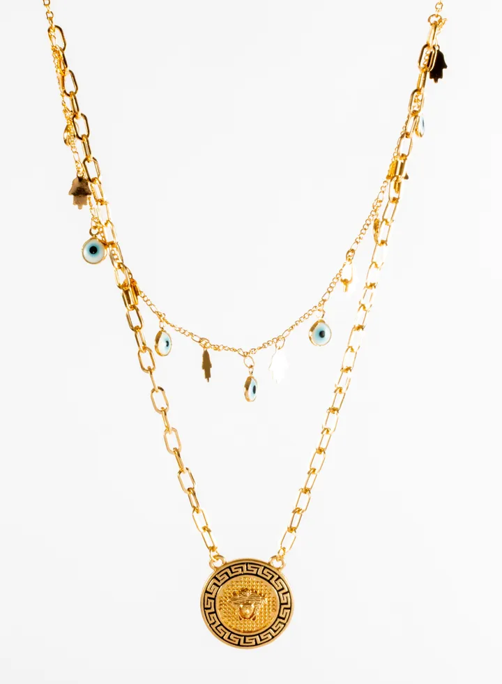 Chinese Gold Necklace 2 Layers with Blue eyes Pendant and Medousa Pendant