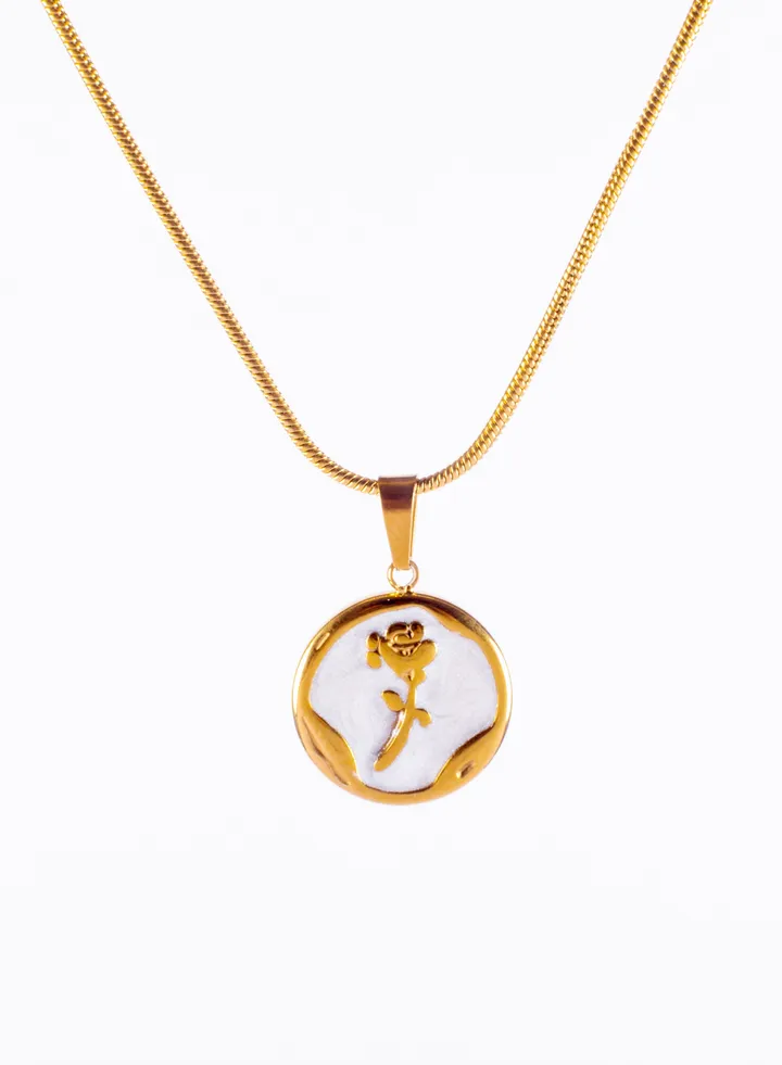 Stainless Steel Golden Necklace with a Rose Pendant White