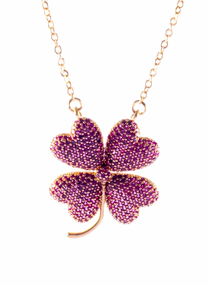 Chinese Gold Necklace with a Pink Zirconic Flower Pendant