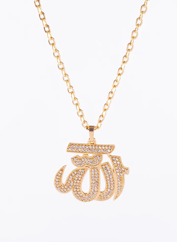 Stainless Steel Neckalce Gold With Zirconic Allah Pendant