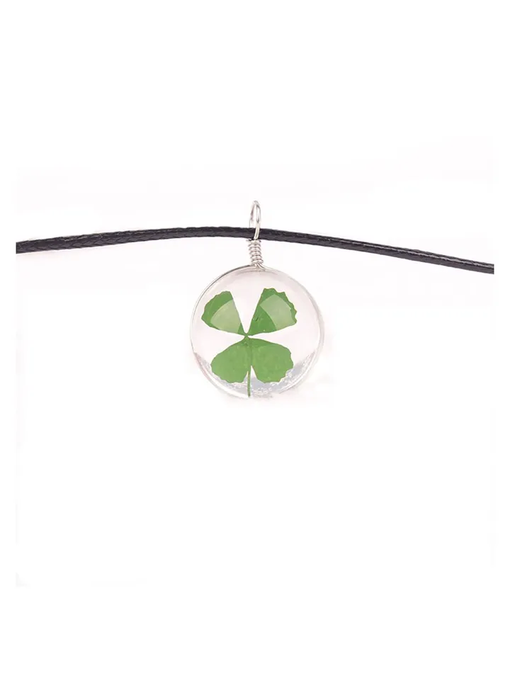 Beautiful Pressed Dried Four-Leaf Clover Transparent Glass Pendant Necklace Round Ball for Girl Women Mother Day Gift