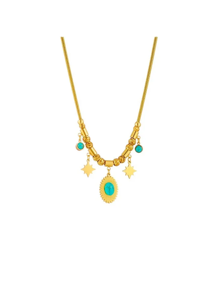 Stainless Steel Gold Necklace with a water drop, turquise stone and stars Pendant