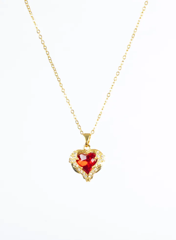 Stainless Steel Necklace Gold with Zirconic Winging Red Crystal Heart Pendant