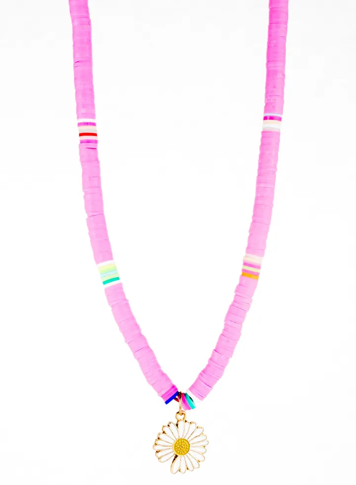 Jamaican Rubber Necklace - Pink with a Flower Pendant