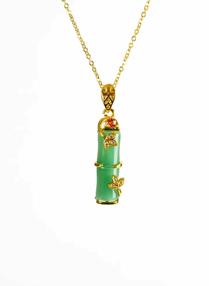 Stainless Steel Necklace Gold with a Green Obal Stone Pendant