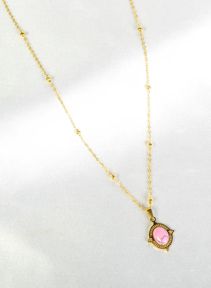 Stainless Steel Necklace Gold with Pink Stone Pendant