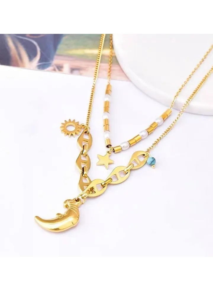 Stainless Steel Gold Necklace with Moon and Stars Pendant