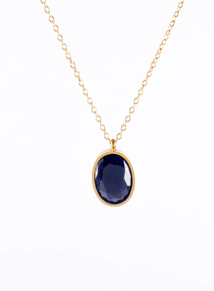 Stainless Steel Necklace Gold with Black Crystal Oval Pendant