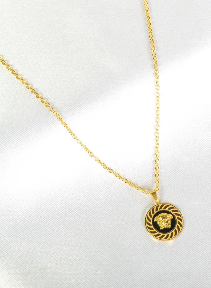 Stainless Steel Gold Necklace with Medousa engraved Black/Gold Pendant